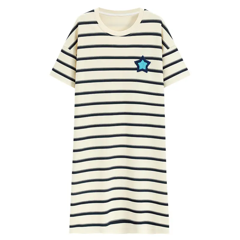 7A Antibacterial Cotton Nightgown Summer Women's Short-Sleeved Thin Dress Stripesd Can Be Worn Outside Mid-Length Plus Size Pajamas