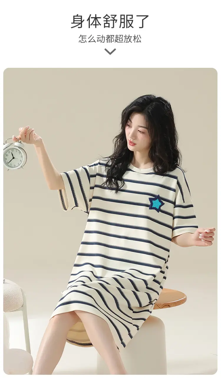 7A Antibacterial Cotton Nightgown Summer Women's Short-Sleeved Thin Dress Stripesd Can Be Worn Outside Mid-Length Plus Size Pajamas — feature 13