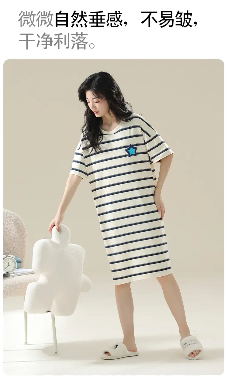 7A Antibacterial Cotton Nightgown Summer Women's Short-Sleeved Thin Dress Stripesd Can Be Worn Outside Mid-Length Plus Size Pajamas — feature 14