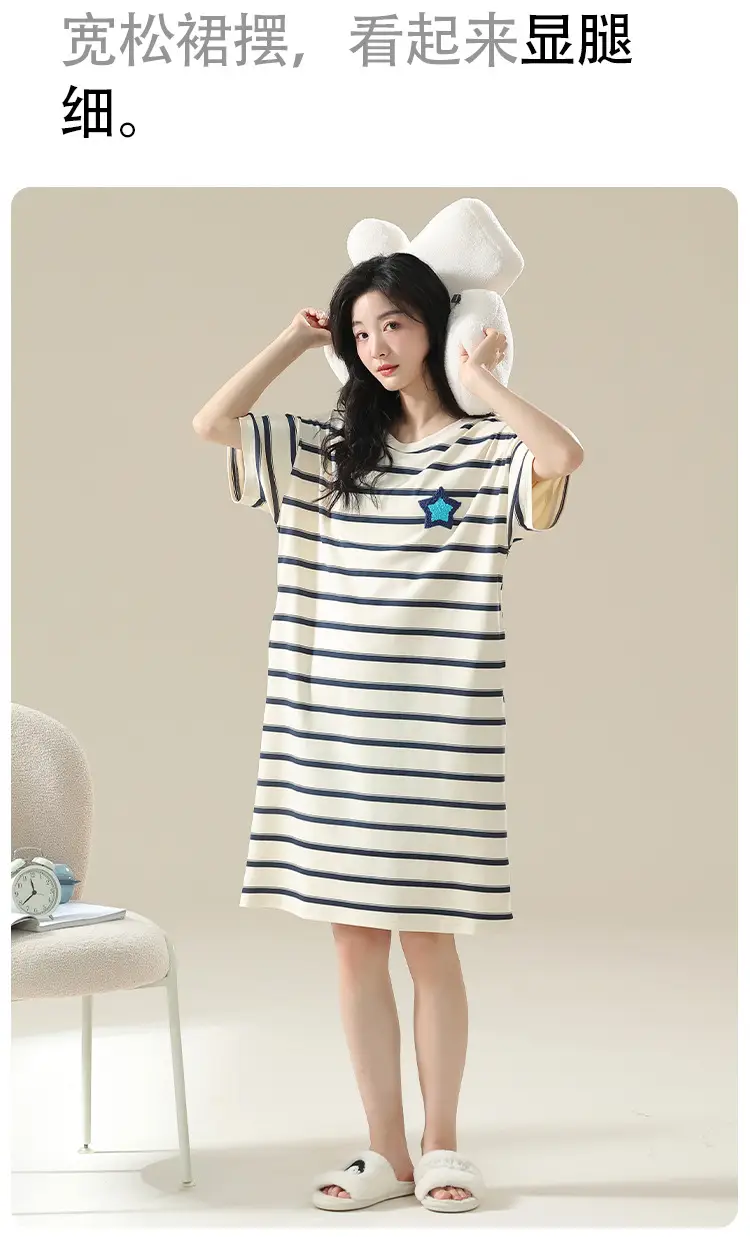 7A Antibacterial Cotton Nightgown Summer Women's Short-Sleeved Thin Dress Stripesd Can Be Worn Outside Mid-Length Plus Size Pajamas — feature 16