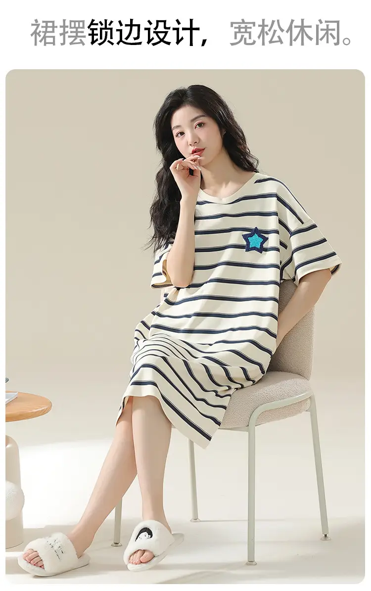 7A Antibacterial Cotton Nightgown Summer Women's Short-Sleeved Thin Dress Stripesd Can Be Worn Outside Mid-Length Plus Size Pajamas — feature 17