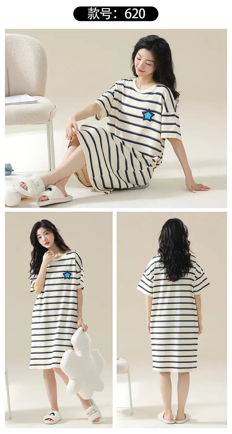 7A Antibacterial Cotton Nightgown Summer Women's Short-Sleeved Thin Dress Stripesd Can Be Worn Outside Mid-Length Plus Size Pajamas — feature 19
