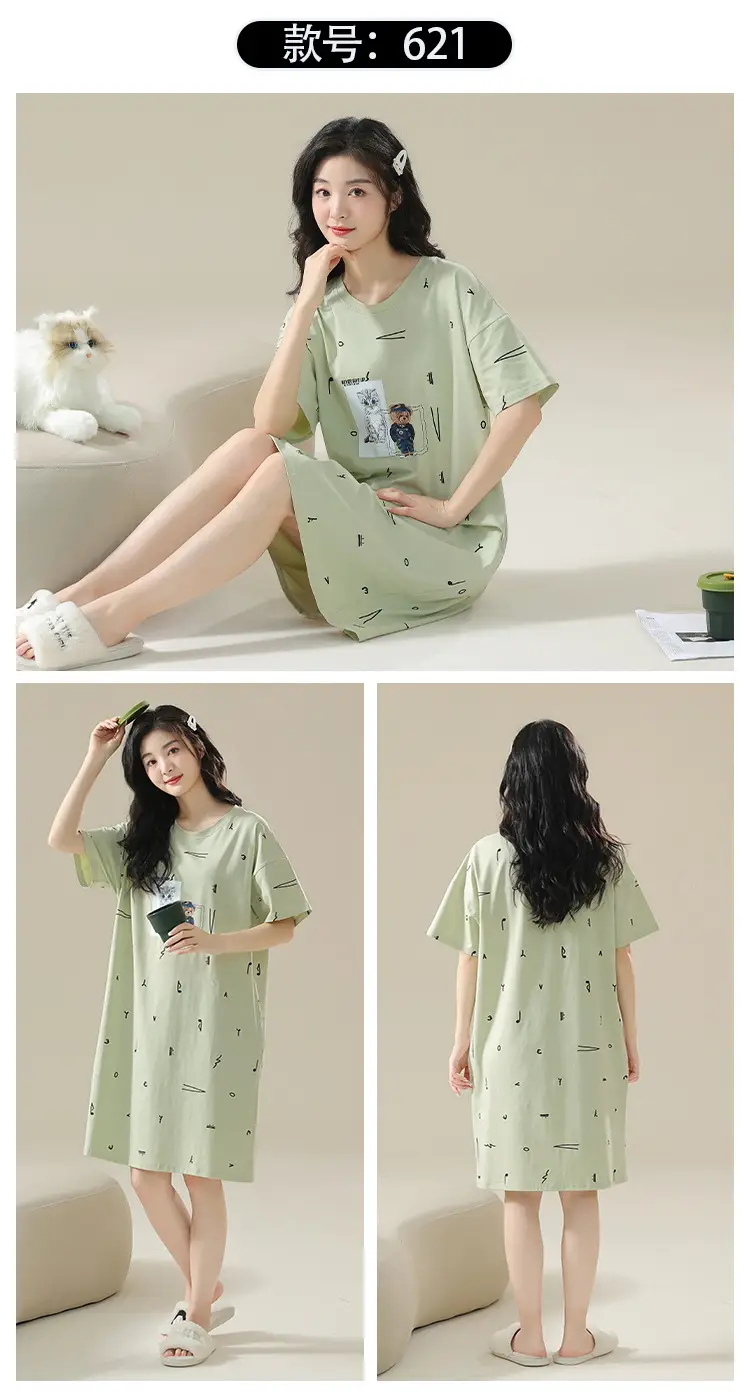 7A Antibacterial Cotton Nightgown Summer Women's Short-Sleeved Thin Dress Stripesd Can Be Worn Outside Mid-Length Plus Size Pajamas — feature 20