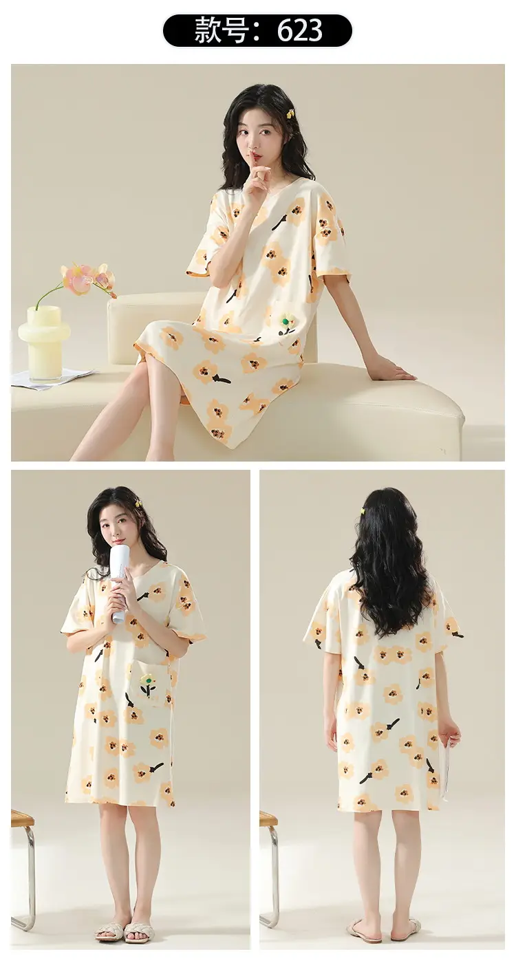 7A Antibacterial Cotton Nightgown Summer Women's Short-Sleeved Thin Dress Stripesd Can Be Worn Outside Mid-Length Plus Size Pajamas — feature 21