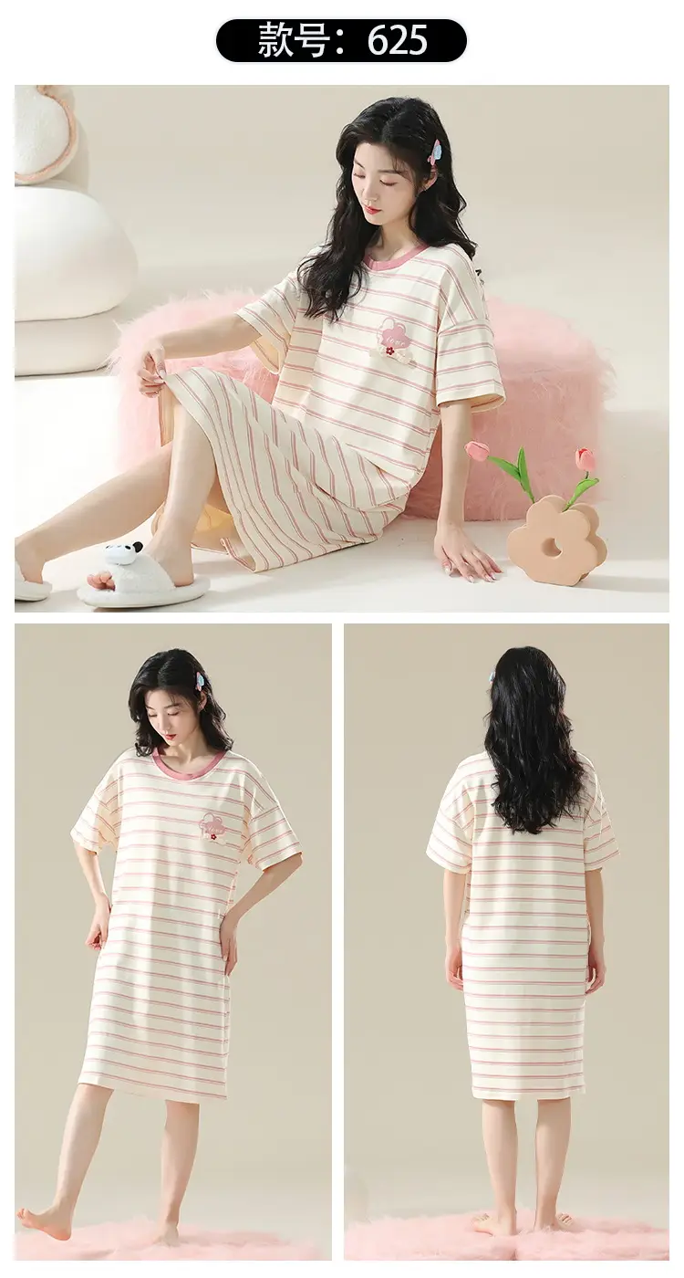 7A Antibacterial Cotton Nightgown Summer Women's Short-Sleeved Thin Dress Stripesd Can Be Worn Outside Mid-Length Plus Size Pajamas — feature 22