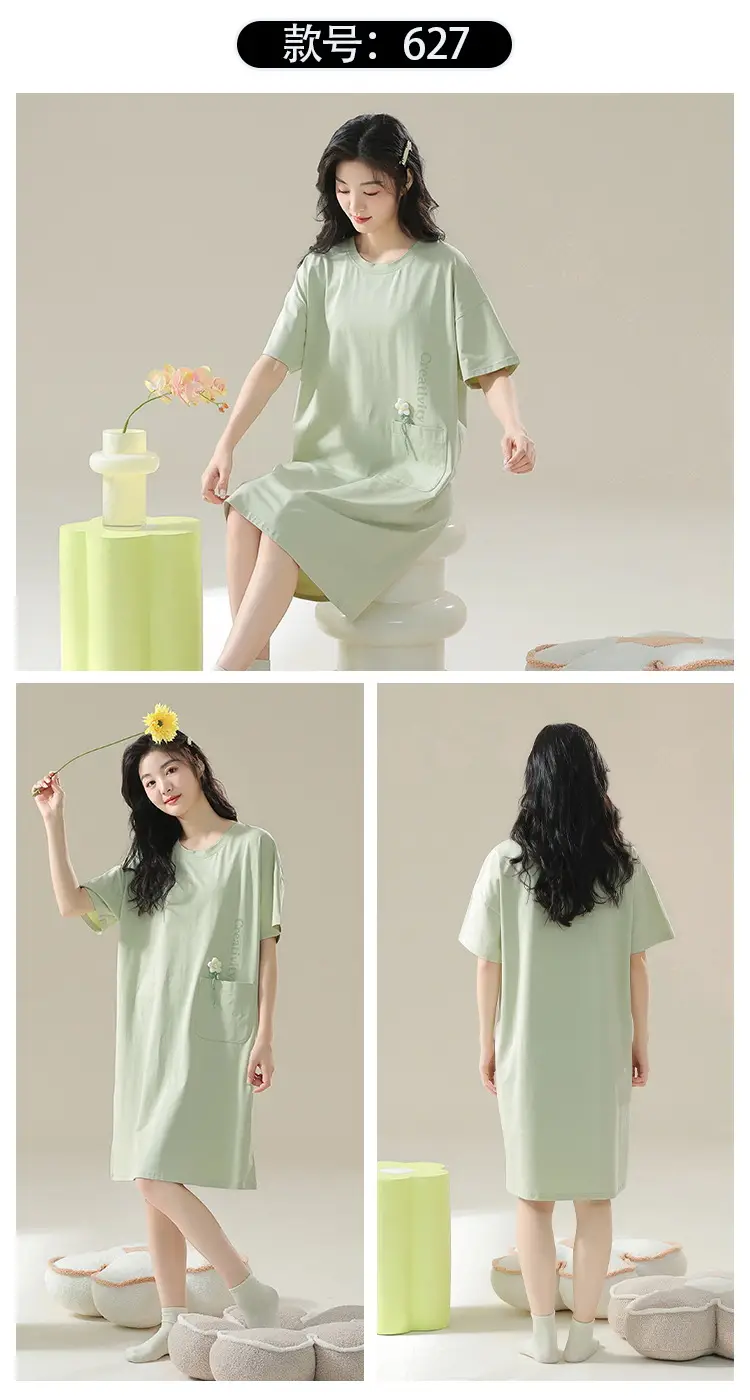7A Antibacterial Cotton Nightgown Summer Women's Short-Sleeved Thin Dress Stripesd Can Be Worn Outside Mid-Length Plus Size Pajamas — feature 24