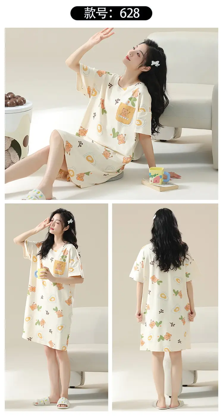 7A Antibacterial Cotton Nightgown Summer Women's Short-Sleeved Thin Dress Stripesd Can Be Worn Outside Mid-Length Plus Size Pajamas — feature 25