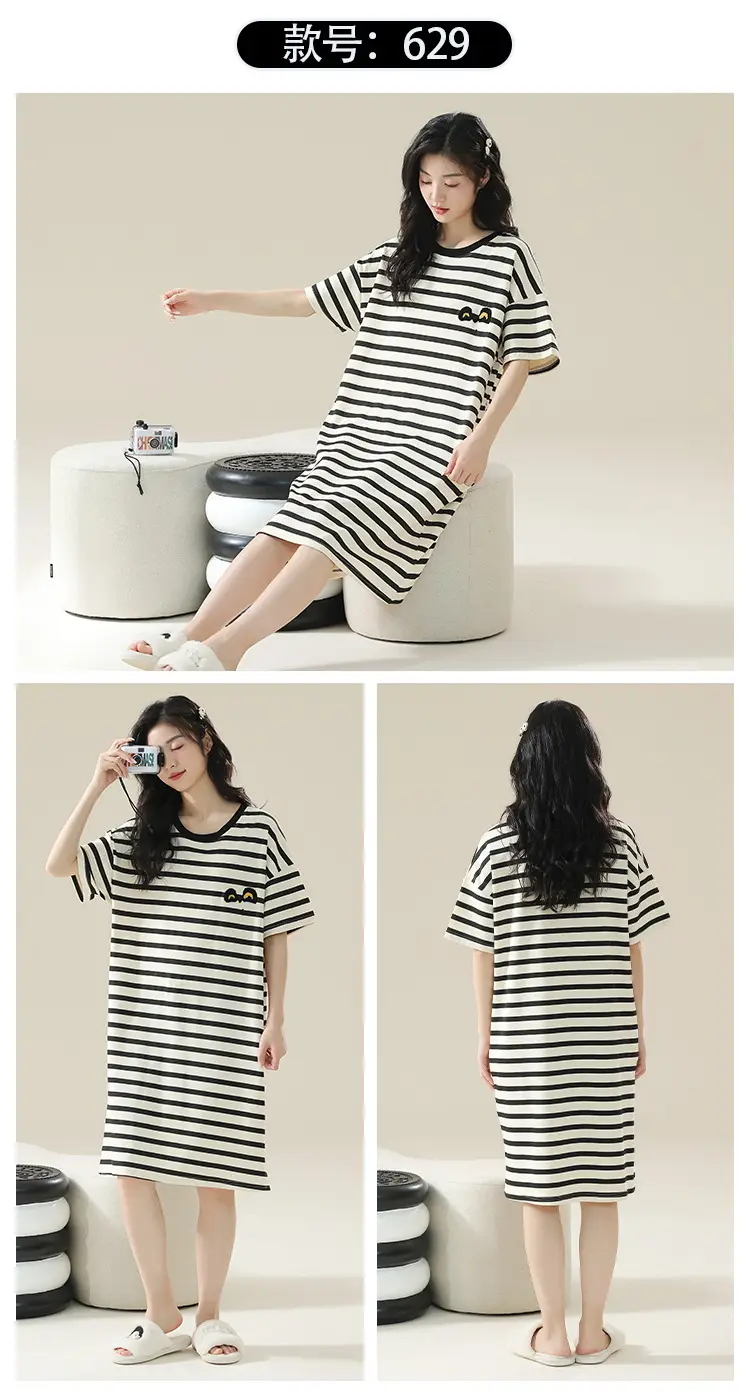 7A Antibacterial Cotton Nightgown Summer Women's Short-Sleeved Thin Dress Stripesd Can Be Worn Outside Mid-Length Plus Size Pajamas — feature 26