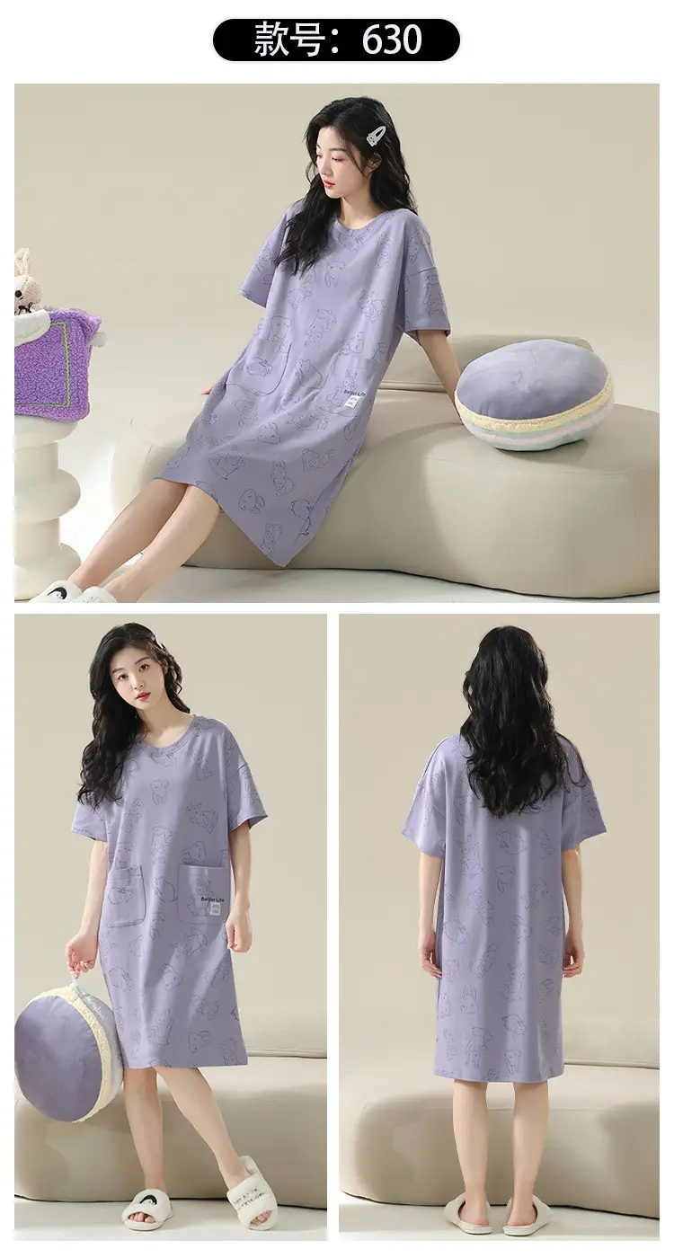 7A Antibacterial Cotton Nightgown Summer Women's Short-Sleeved Thin Dress Stripesd Can Be Worn Outside Mid-Length Plus Size Pajamas — feature 27