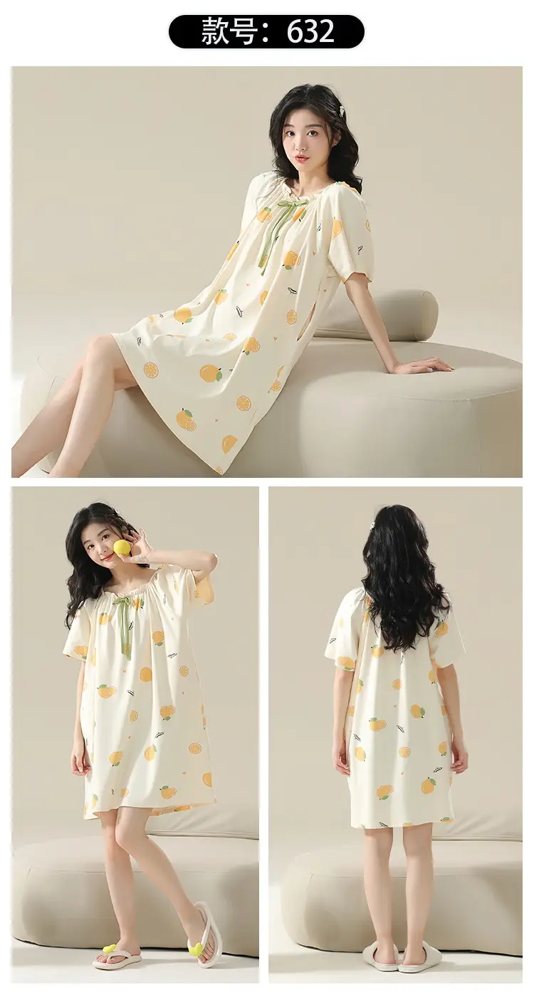 7A Antibacterial Cotton Nightgown Summer Women's Short-Sleeved Thin Dress Stripesd Can Be Worn Outside Mid-Length Plus Size Pajamas — feature 28
