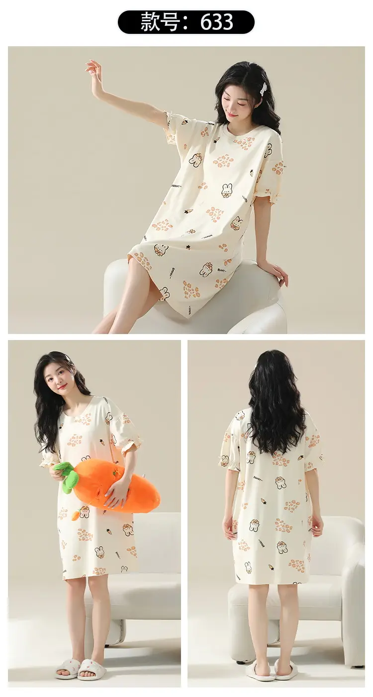 7A Antibacterial Cotton Nightgown Summer Women's Short-Sleeved Thin Dress Stripesd Can Be Worn Outside Mid-Length Plus Size Pajamas — feature 29