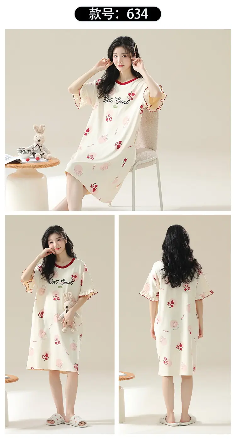 7A Antibacterial Cotton Nightgown Summer Women's Short-Sleeved Thin Dress Stripesd Can Be Worn Outside Mid-Length Plus Size Pajamas — feature 30