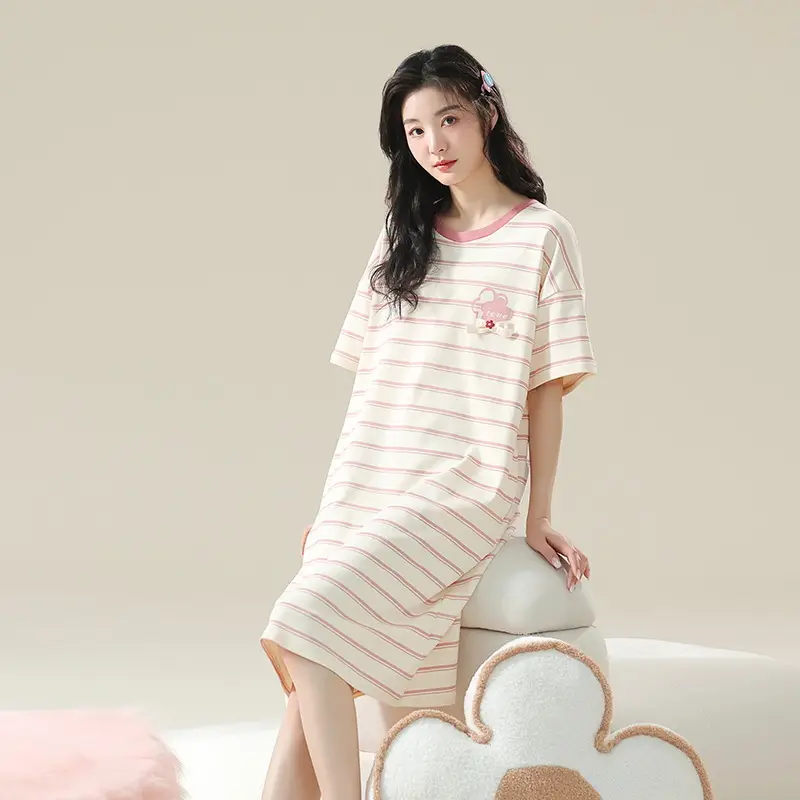 7A Antibacterial Cotton Nightgown Summer Women's Short-Sleeved Thin Dress Stripesd Can Be Worn Outside Mid-Length Plus Size Pajamas