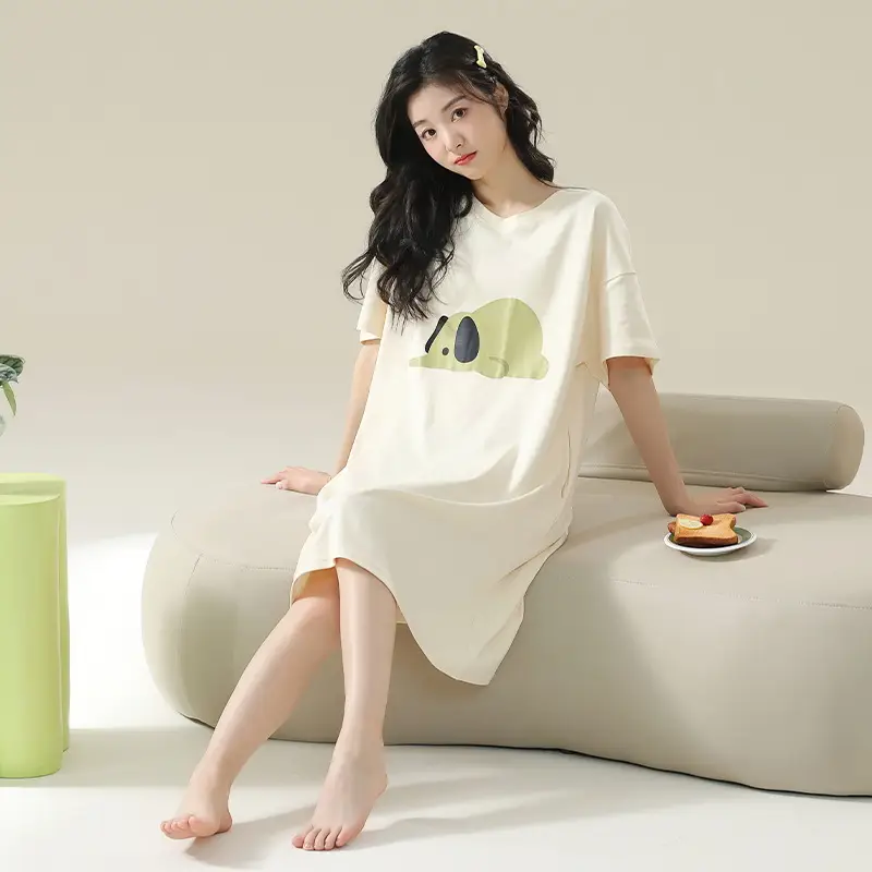 7A Antibacterial Cotton Nightgown Summer Women's Short-Sleeved Thin Dress Stripesd Can Be Worn Outside Mid-Length Plus Size Pajamas