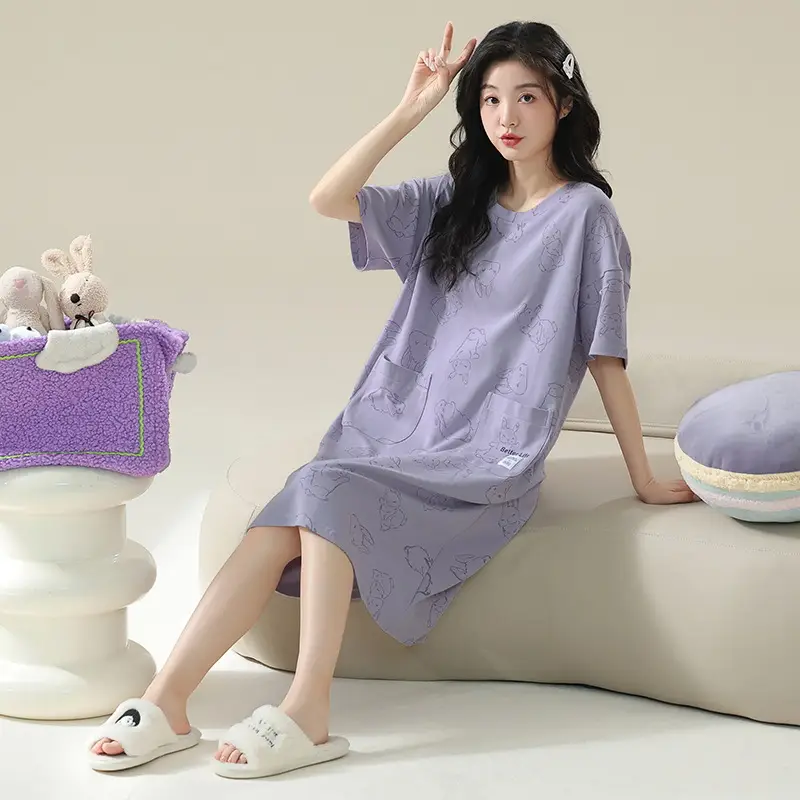 7A Antibacterial Cotton Nightgown Summer Women's Short-Sleeved Thin Dress Stripesd Can Be Worn Outside Mid-Length Plus Size Pajamas