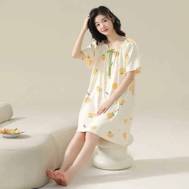 7A Antibacterial Cotton Nightgown Summer Women's Short-Sleeved Thin Dress Stripesd Can Be Worn Outside Mid-Length Plus Size Pajamas