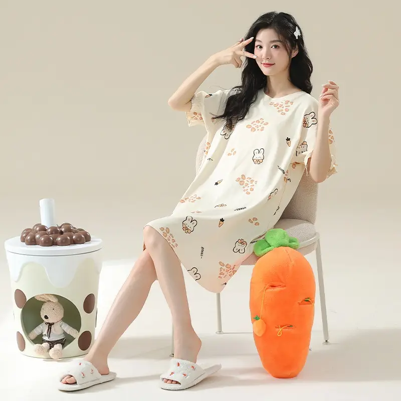 7A Antibacterial Cotton Nightgown Summer Women's Short-Sleeved Thin Dress Stripesd Can Be Worn Outside Mid-Length Plus Size Pajamas