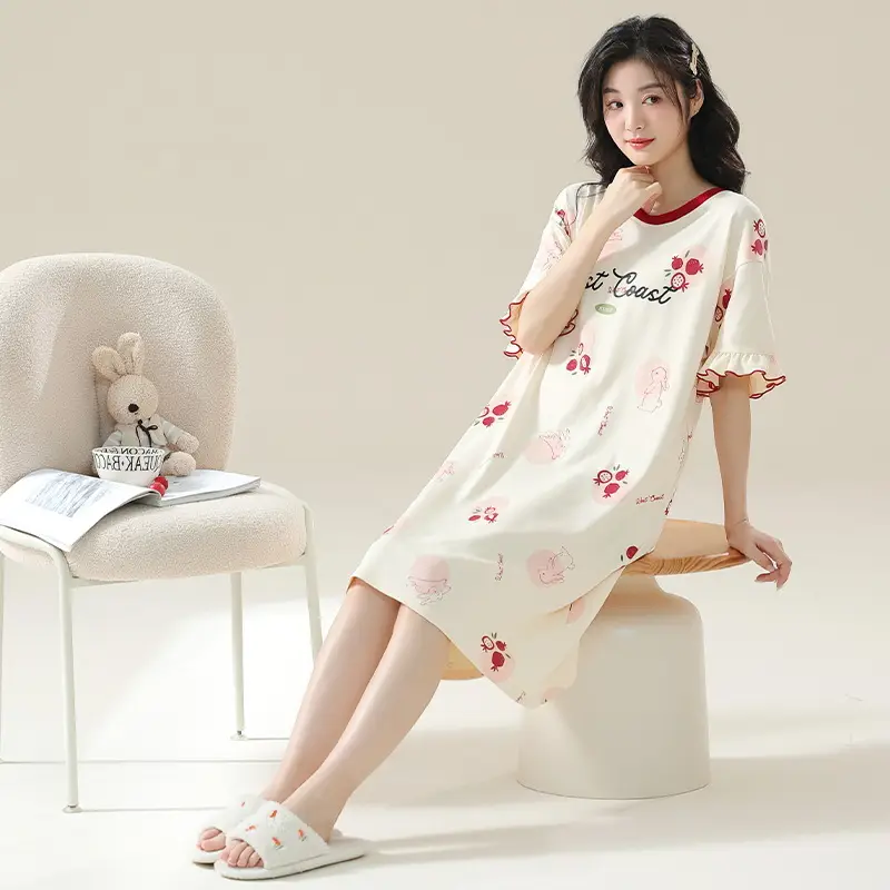 7A Antibacterial Cotton Nightgown Summer Women's Short-Sleeved Thin Dress Stripesd Can Be Worn Outside Mid-Length Plus Size Pajamas