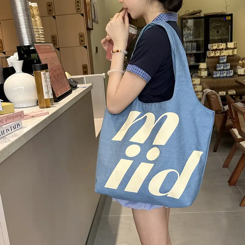 Double-Sided Printed Korean Ins Denim Vest Bag Large Letter Tote - Image 6