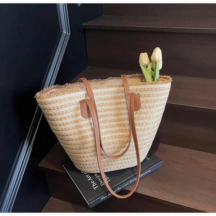 Women Striped Straw Tote Bag with Leather Strap - Image 5
