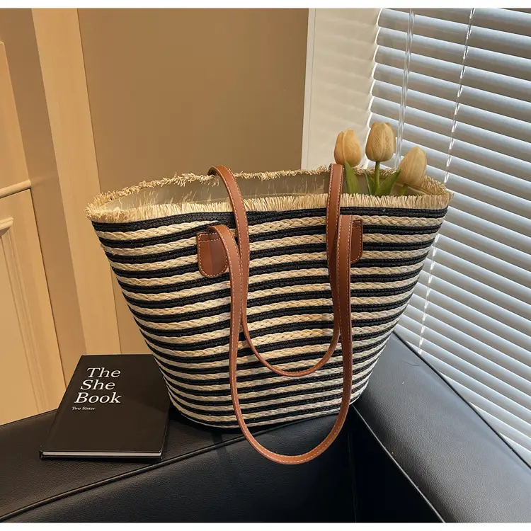 Women Striped Straw Tote Bag with Leather Strap - Image 6
