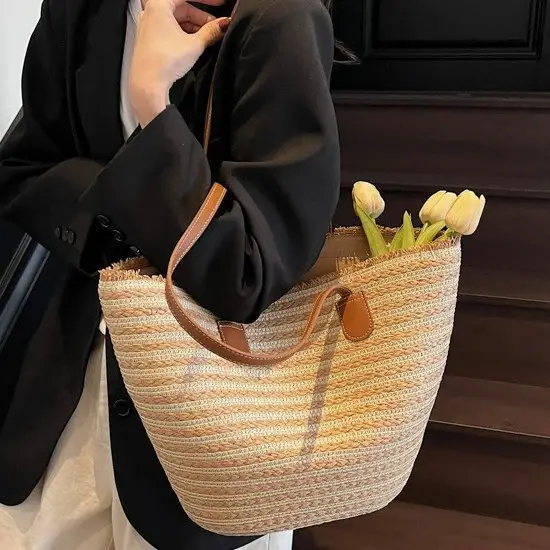 Women Striped Straw Tote Bag with Leather Strap - Image 7