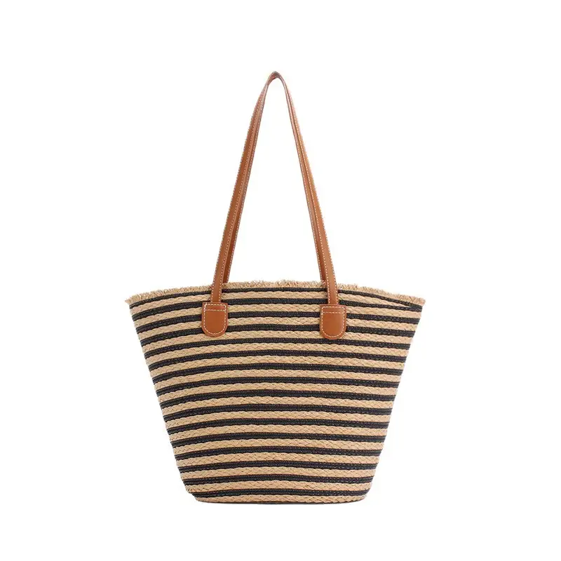 Women Striped Straw Tote Bag with Leather Strap - Image 3