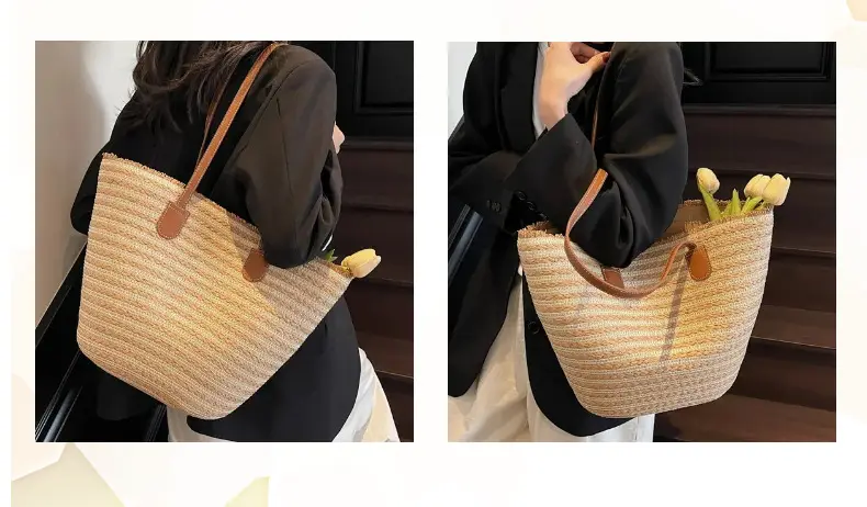 Women Striped Straw Tote Bag with Leather Strap — feature 6