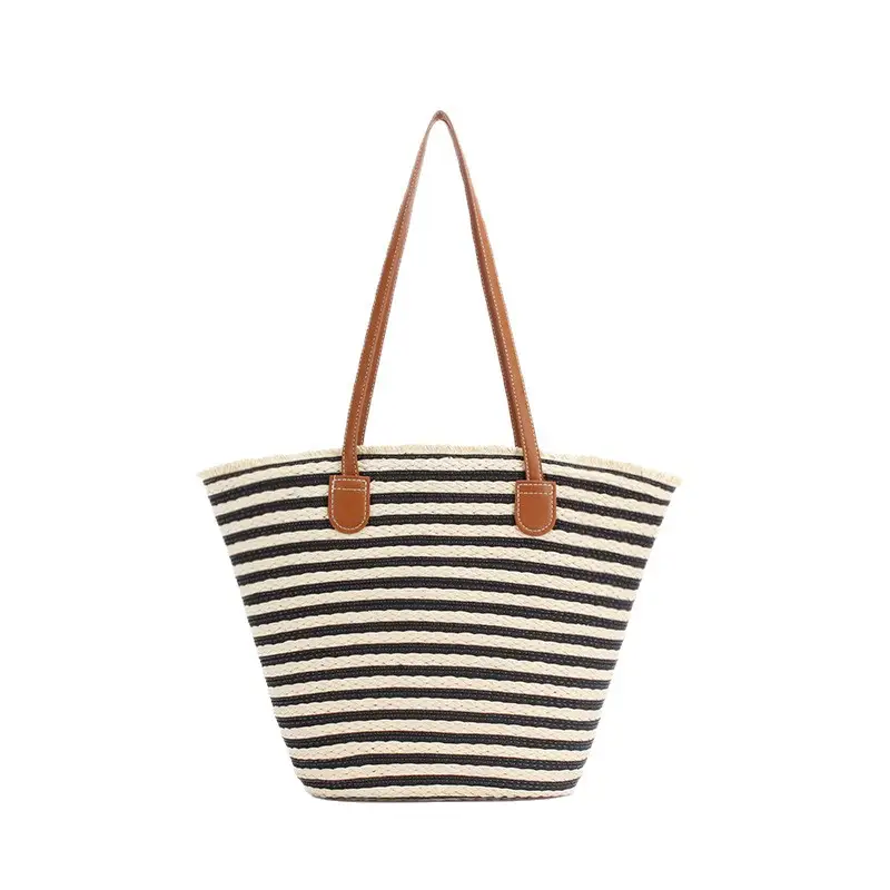 Women Striped Straw Tote Bag with Leather Strap - Image 2
