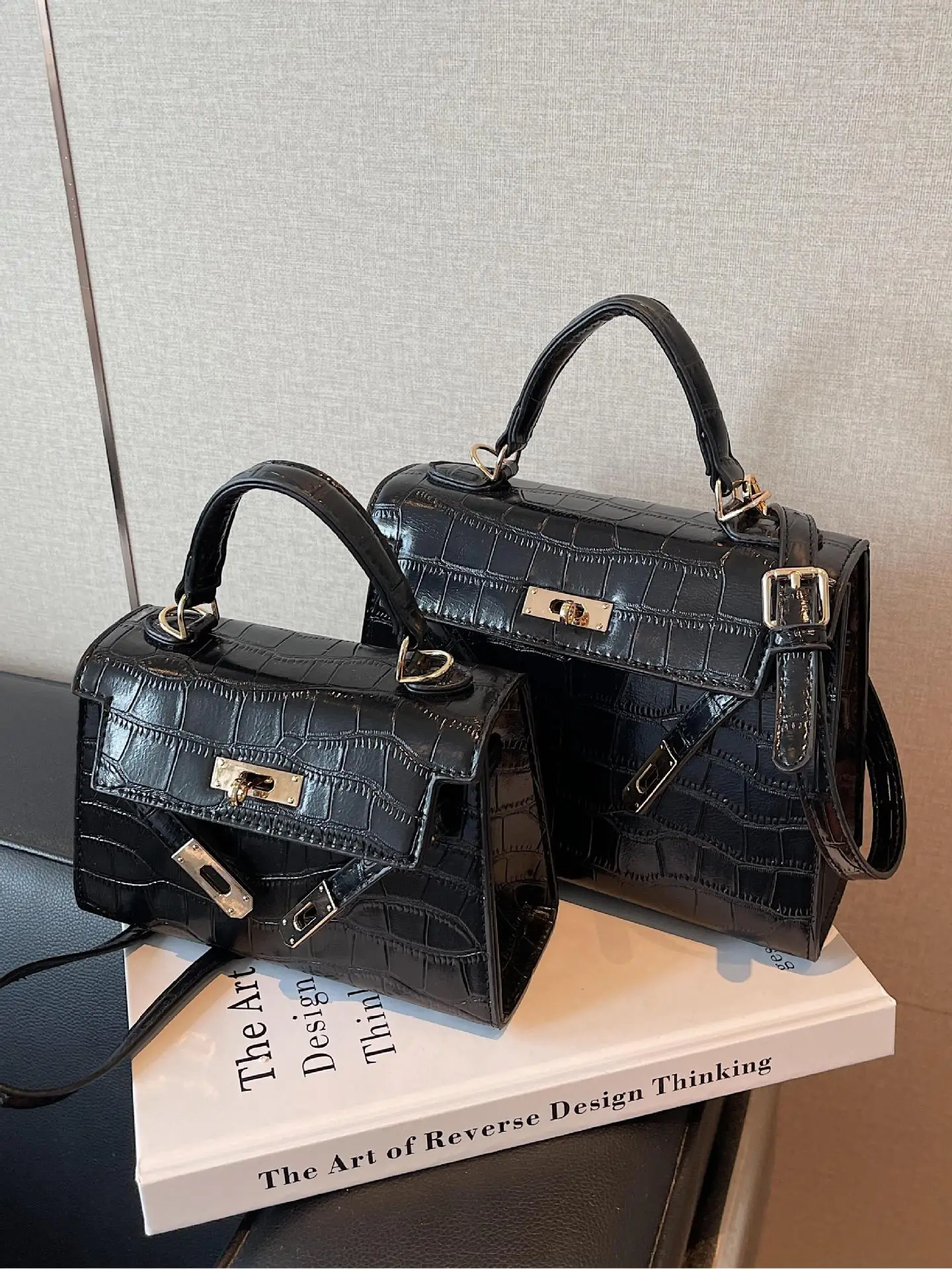 Black Croc Leather Handbag Set for Women 2025 - Image 5