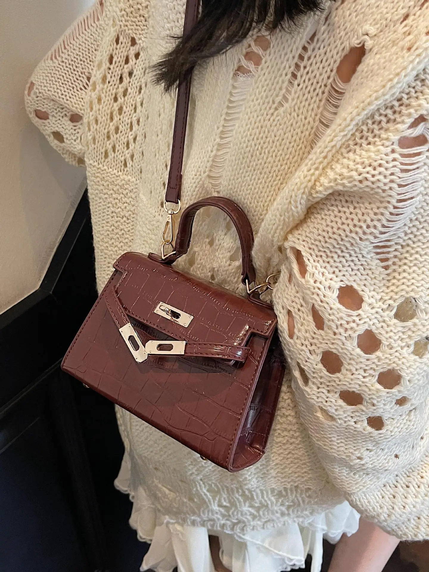 Black Croc Leather Handbag Set for Women 2025 - Image 8