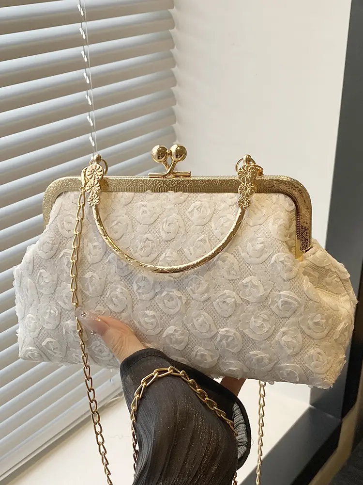 White Rose Embroidered Crossbody Bag with Gold Chain