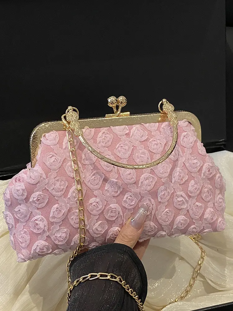 White Rose Embroidered Crossbody Bag with Gold Chain