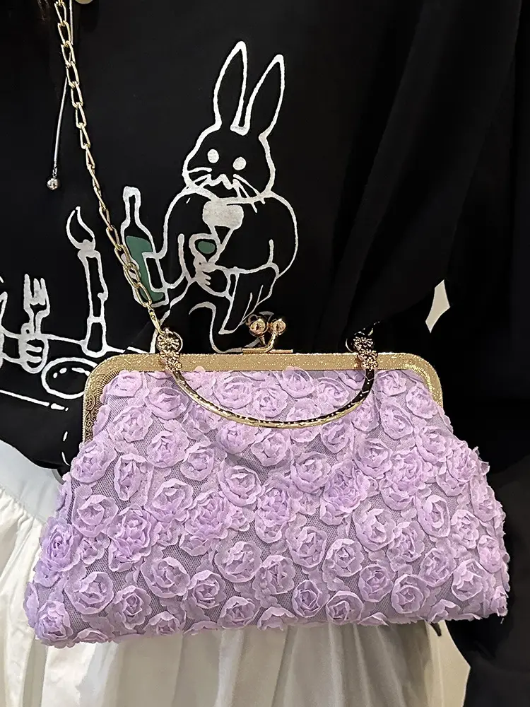 White Rose Embroidered Crossbody Bag with Gold Chain