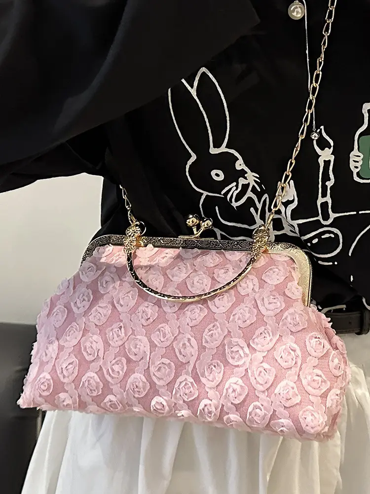 White Rose Embroidered Crossbody Bag with Gold Chain