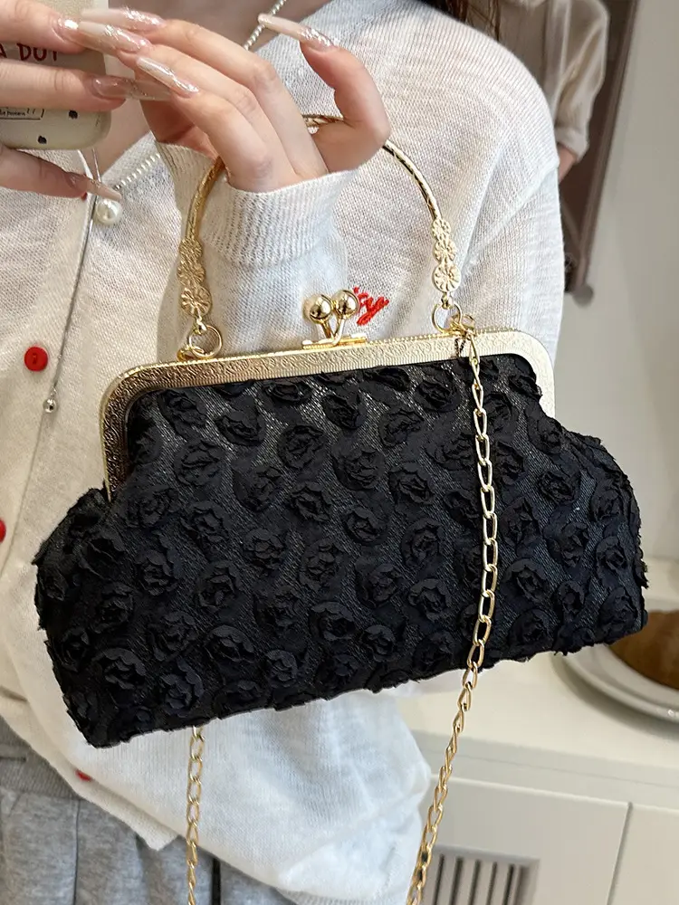 White Rose Embroidered Crossbody Bag with Gold Chain