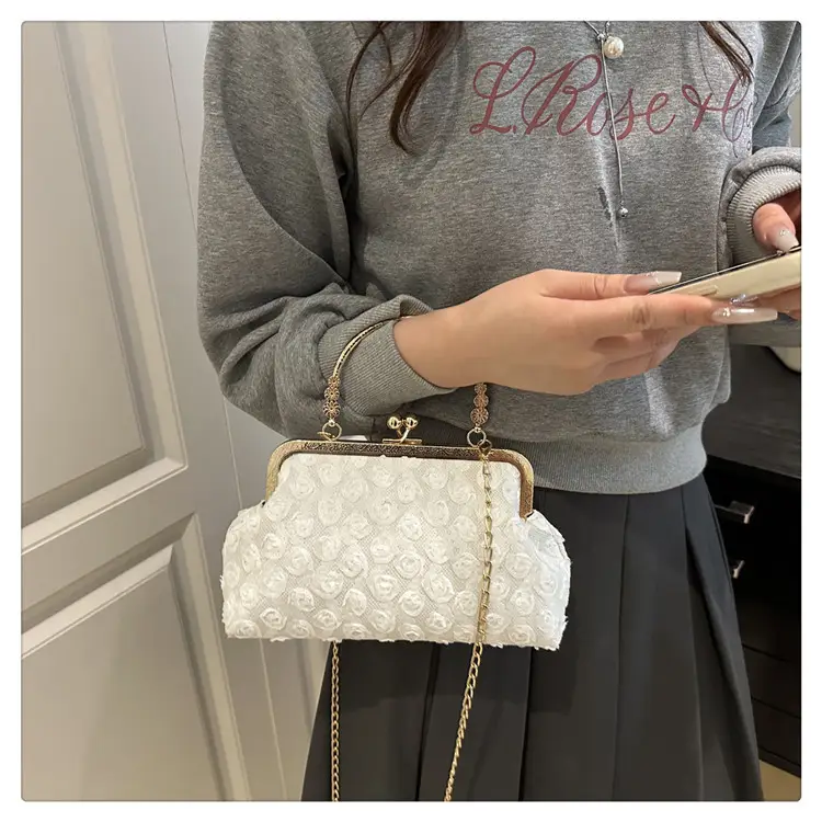 White Rose Embroidered Crossbody Bag with Gold Chain — feature 18