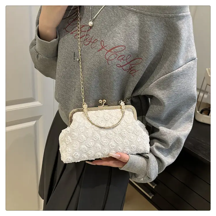 White Rose Embroidered Crossbody Bag with Gold Chain — feature 19