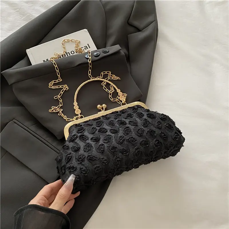 White Rose Embroidered Crossbody Bag with Gold Chain