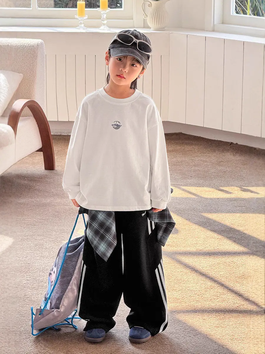 Boy's Pure Cotton Long Sleeve T-Shirt White Plaid Pants - Image 3