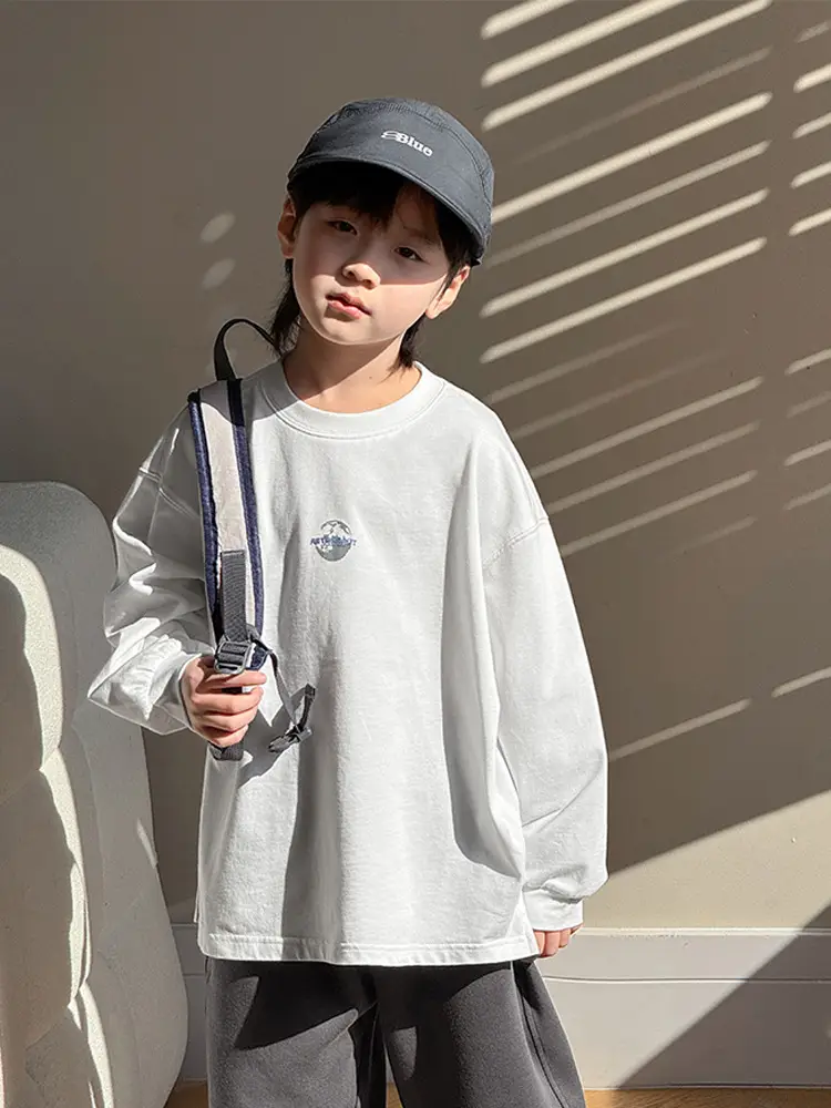 Boy's Pure Cotton Long Sleeve T-Shirt White Plaid Pants - Image 5