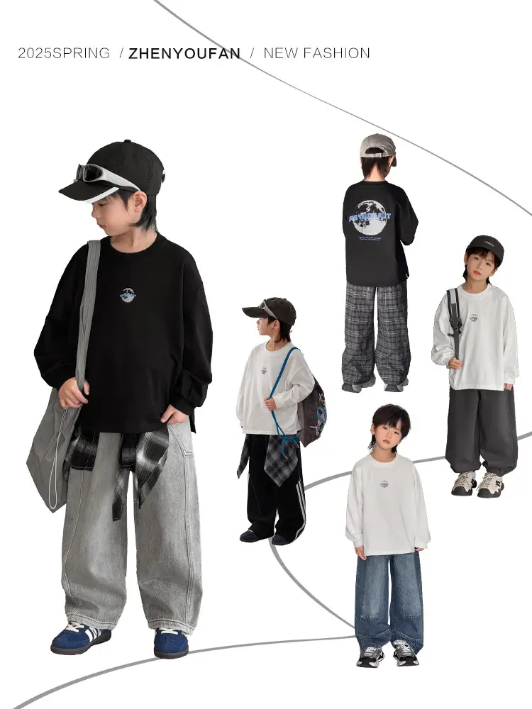 Boy's Pure Cotton Long Sleeve T-Shirt White Plaid Pants - Image 6