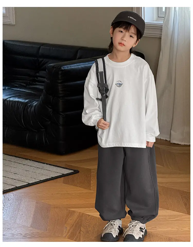 Boy's Pure Cotton Long Sleeve T-Shirt White Plaid Pants — feature 20