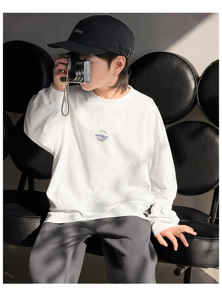 Boy's Pure Cotton Long Sleeve T-Shirt White Plaid Pants — feature 23