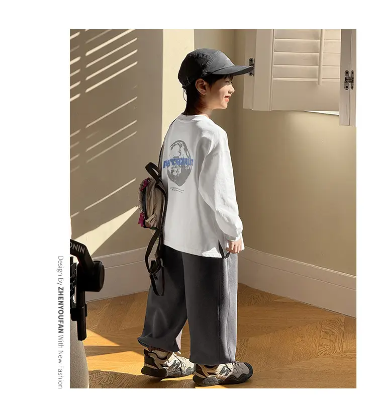 Boy's Pure Cotton Long Sleeve T-Shirt White Plaid Pants — feature 24