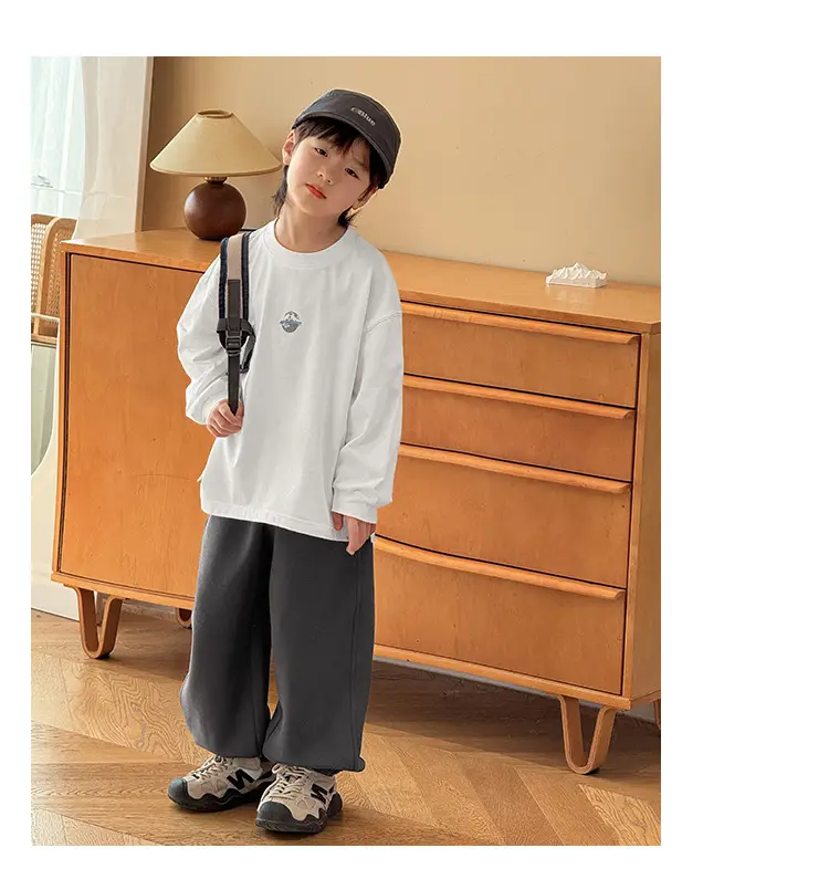 Boy's Pure Cotton Long Sleeve T-Shirt White Plaid Pants — feature 25