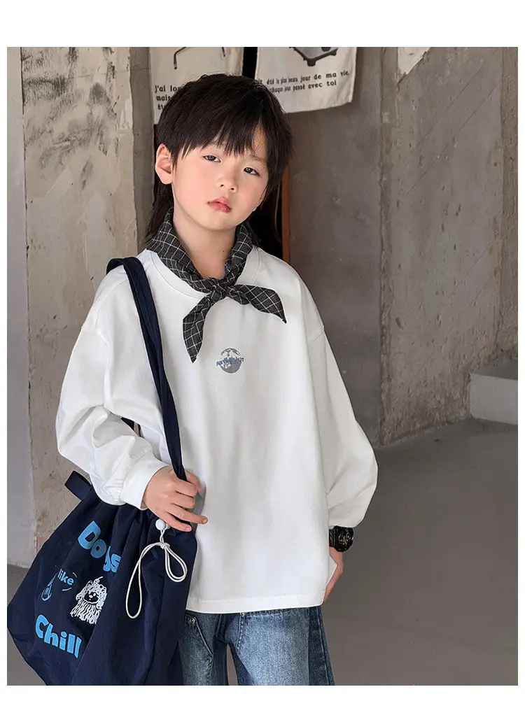 Boy's Pure Cotton Long Sleeve T-Shirt White Plaid Pants — feature 26