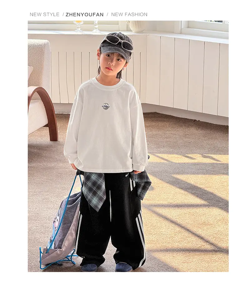 Boy's Pure Cotton Long Sleeve T-Shirt White Plaid Pants — feature 27