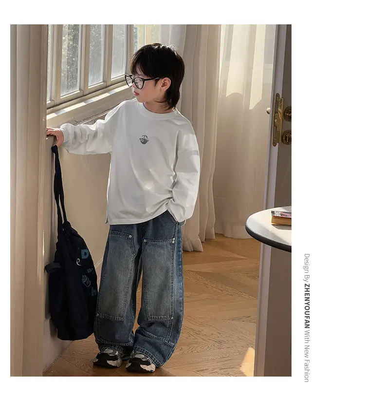 Boy's Pure Cotton Long Sleeve T-Shirt White Plaid Pants — feature 29