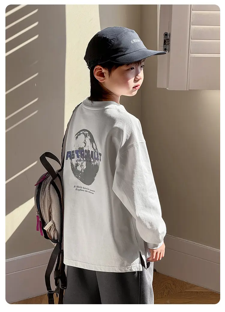 Boy's Pure Cotton Long Sleeve T-Shirt White Plaid Pants — feature 3
